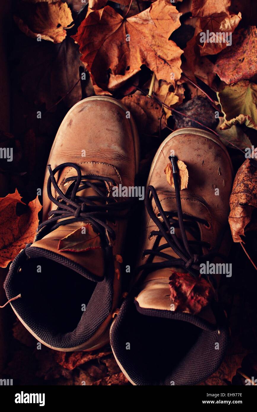 alten Herbstlaub gebrochenen Leder Schuhe tour Stockfoto