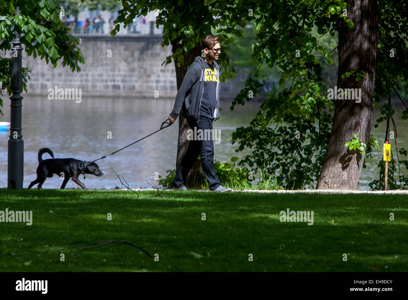 Gehen Sie mit einem Mann mit einem Hund im Park, Strelecky Ostrov Prag Mann und Hund Stockfoto