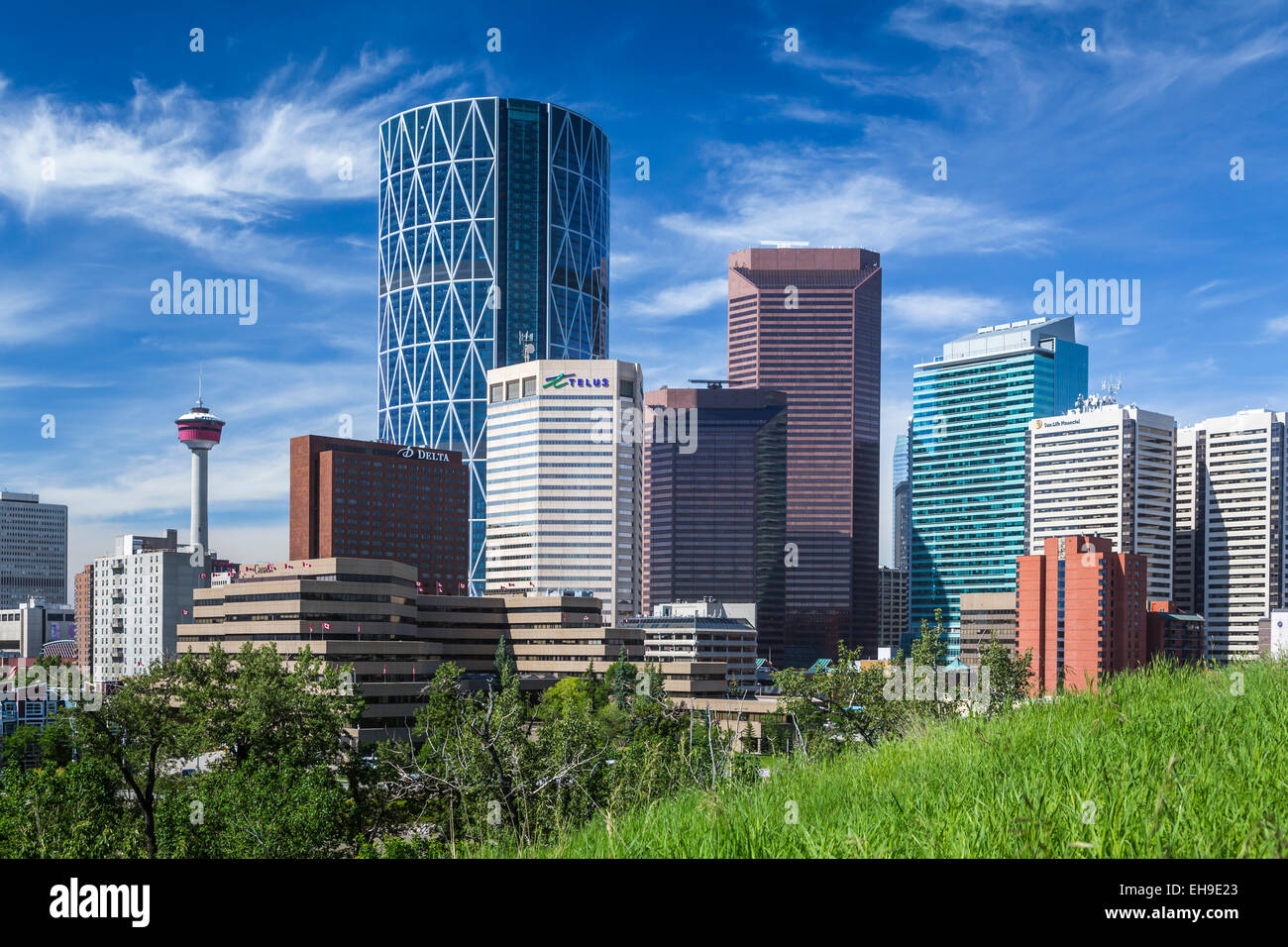 Ein Blick auf die Skyline der Stadt von Calgary, Alberta, Kanada. Stockfoto