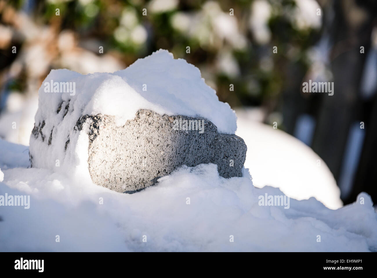 Stein mit fallenden Schnee Kappe Hut closeup copyspace Winterlandschaft Stockfoto