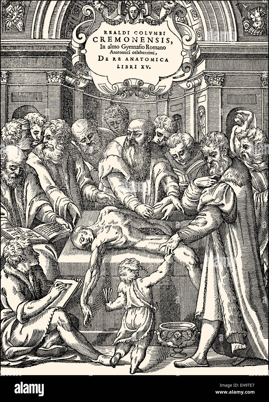 Titelseite von 1559, Realdo Colombo, Anatomie-Unterricht im 16. Jahrhundert, Stockfoto