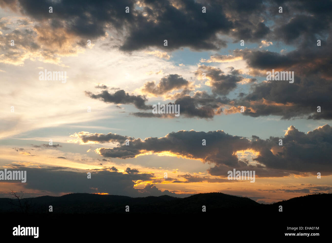 Sonnenuntergang in der Nähe von alten Mdonya River Camp, Ruaha Stockfoto