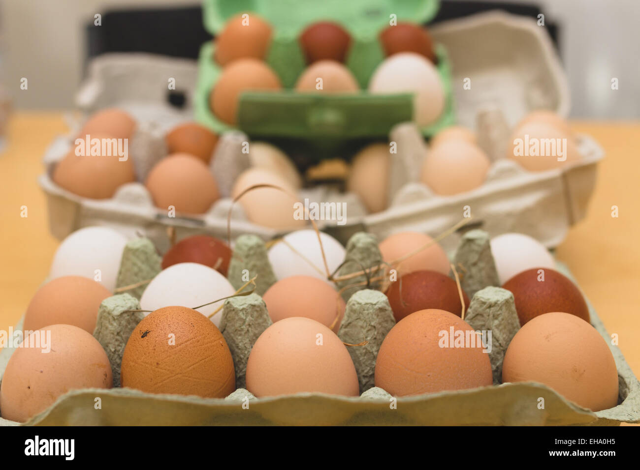 Freilandhaltung Kleinbauern produziert Eiern in eggbox Stockfoto
