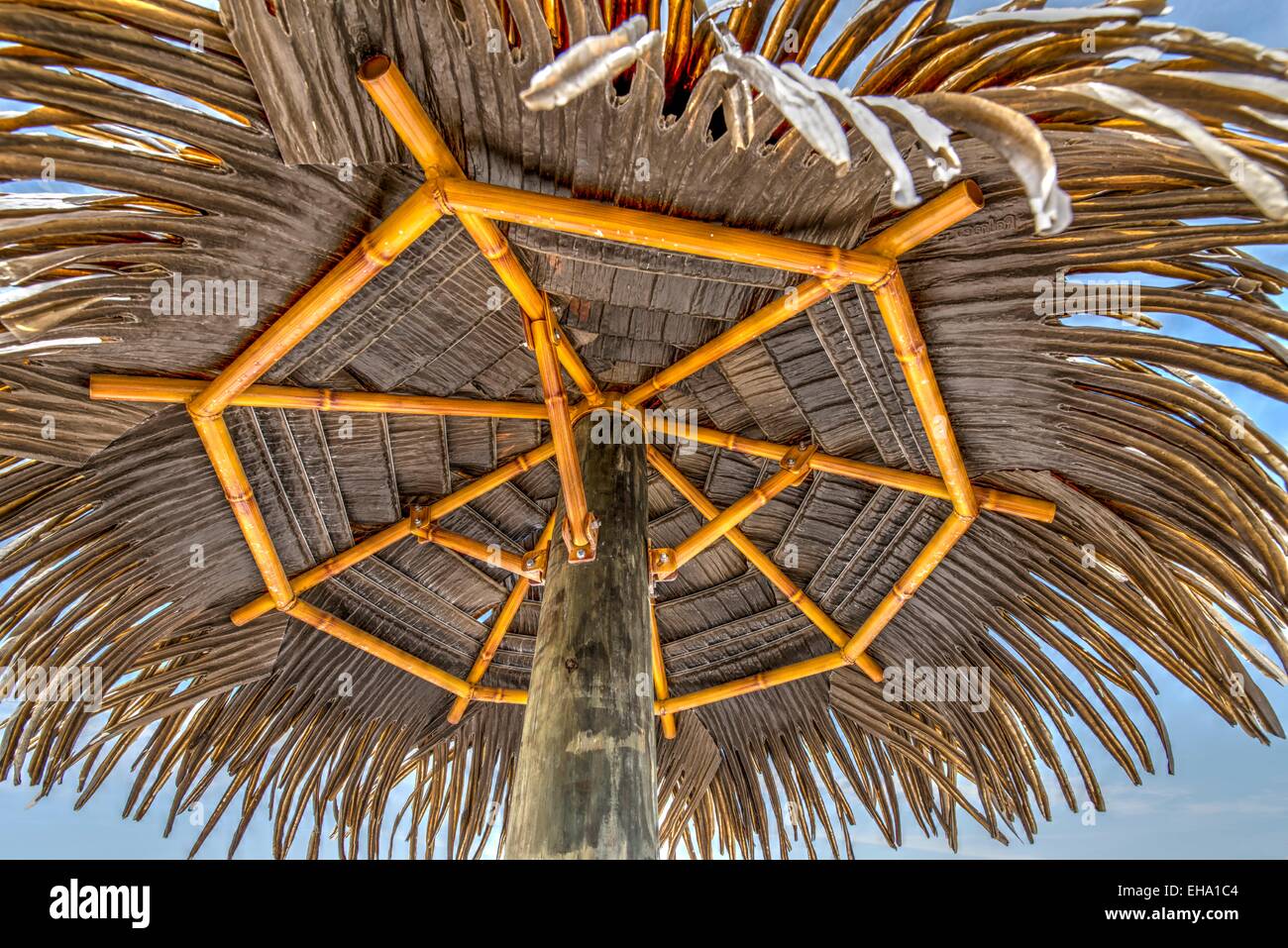 Anzeigen von unten eine Stroh Dach Tiki-Hütte Stockfoto