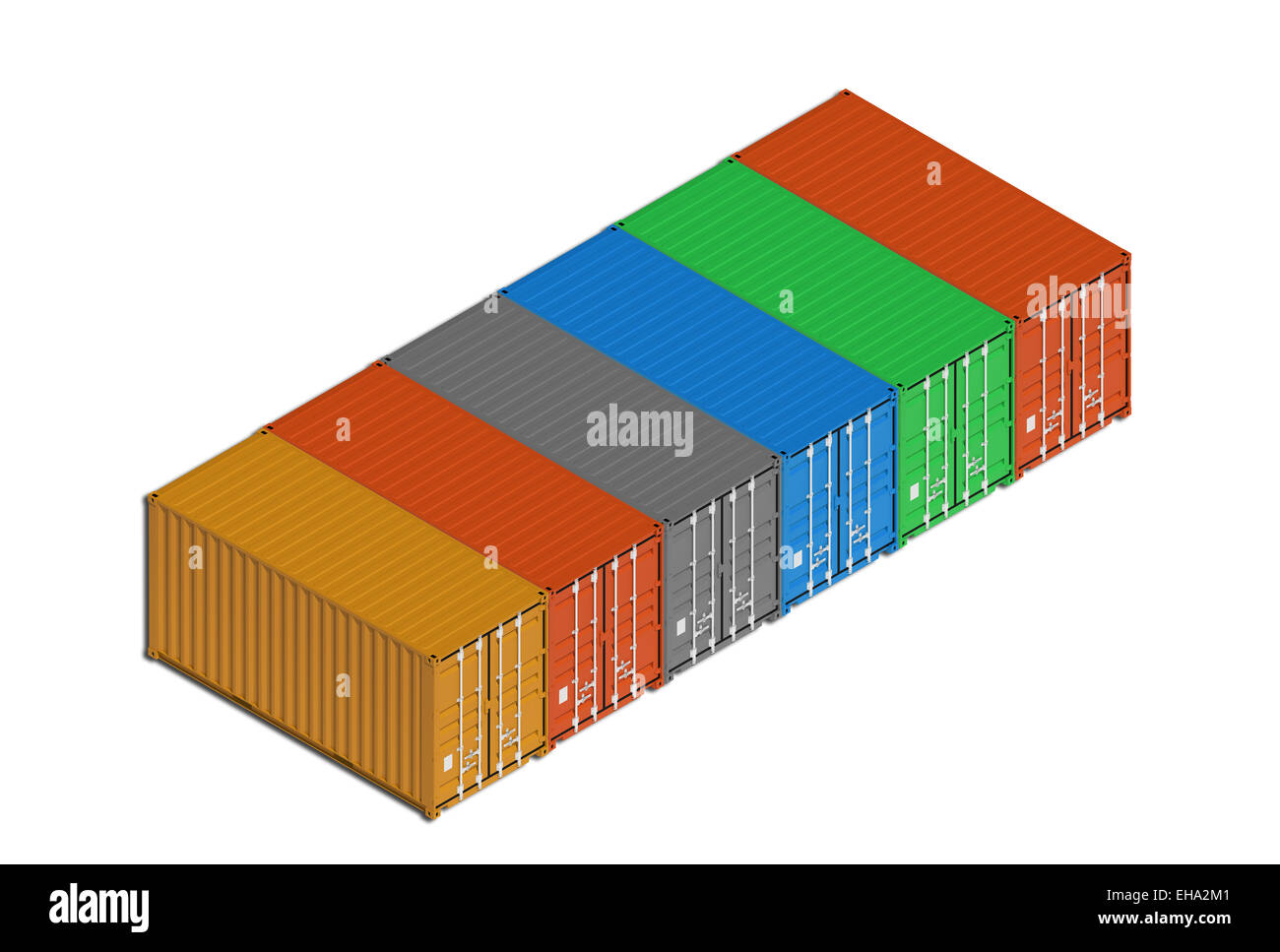 Bunte Metall Fracht Container hintereinander isoliert auf weiss. 3D Illustration, isometrische Projektion Stockfoto