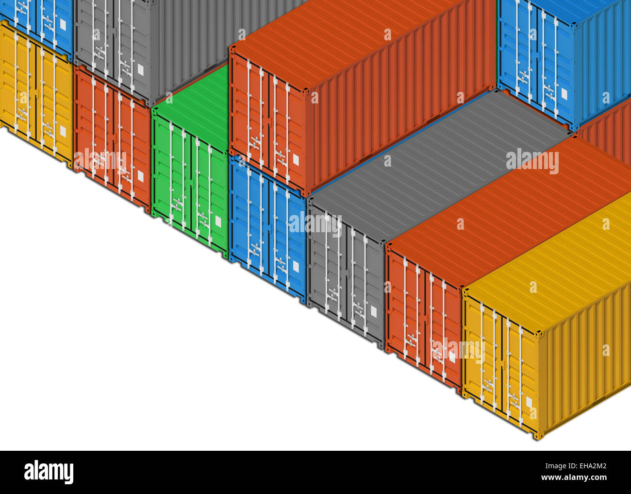 Stapeln bunt Metall Fracht Container auf weißem Hintergrund. 3D Illustration, isometrische Projektion Stockfoto