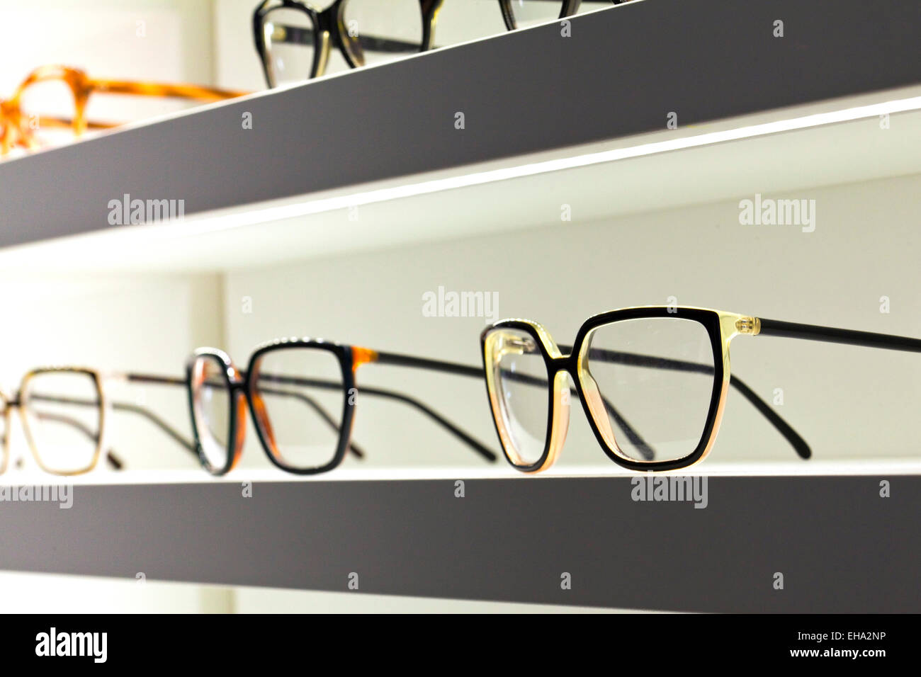 Gläser in Regalen in einem optischen shop Stockfoto