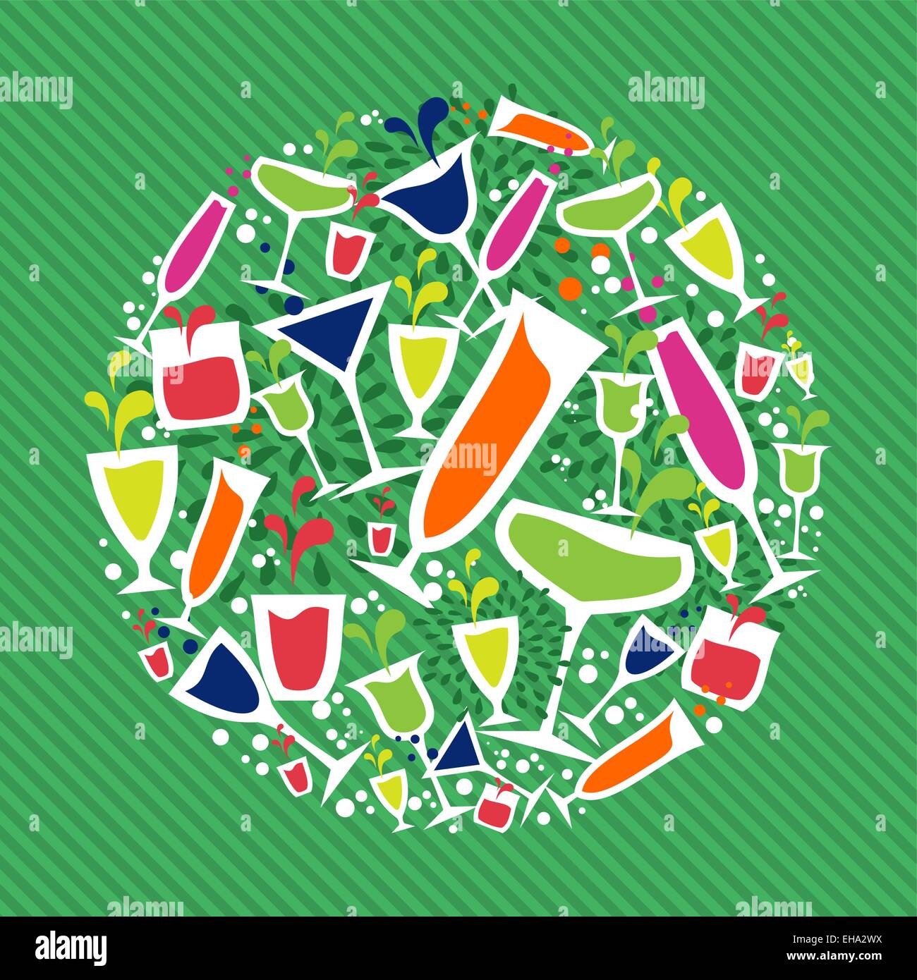 Vielfalt bunter cocktail-Glas auf Kreis Form Illustration. Ideen für die Speisekarte des Restaurants, trinken, Karte, Plakat und Buch-Cover. Stock Vektor