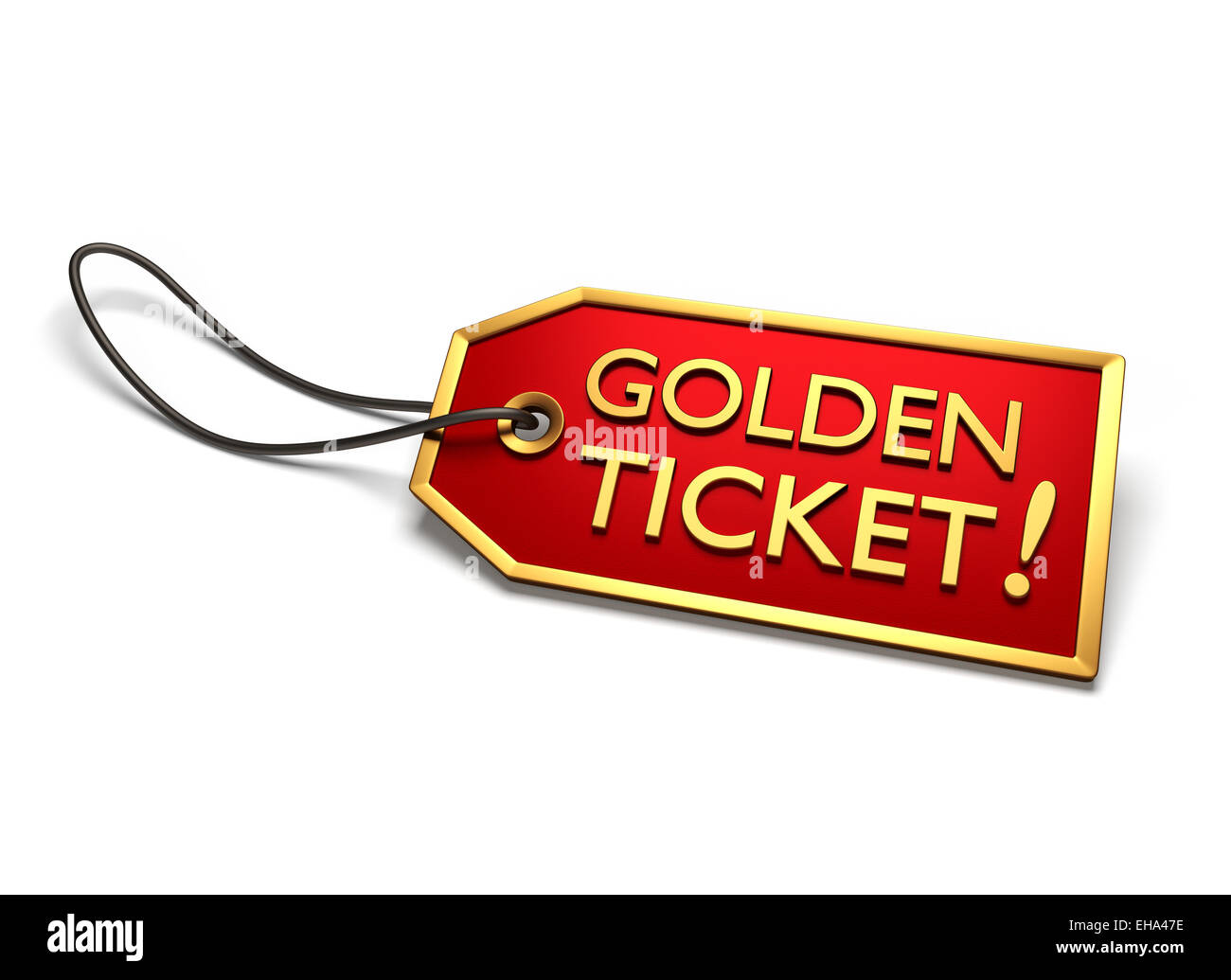 Goldenes Ticket. Rote Plakette mit gold Grenze und Schnur befestigt, isoliert auf weiss Stockfoto