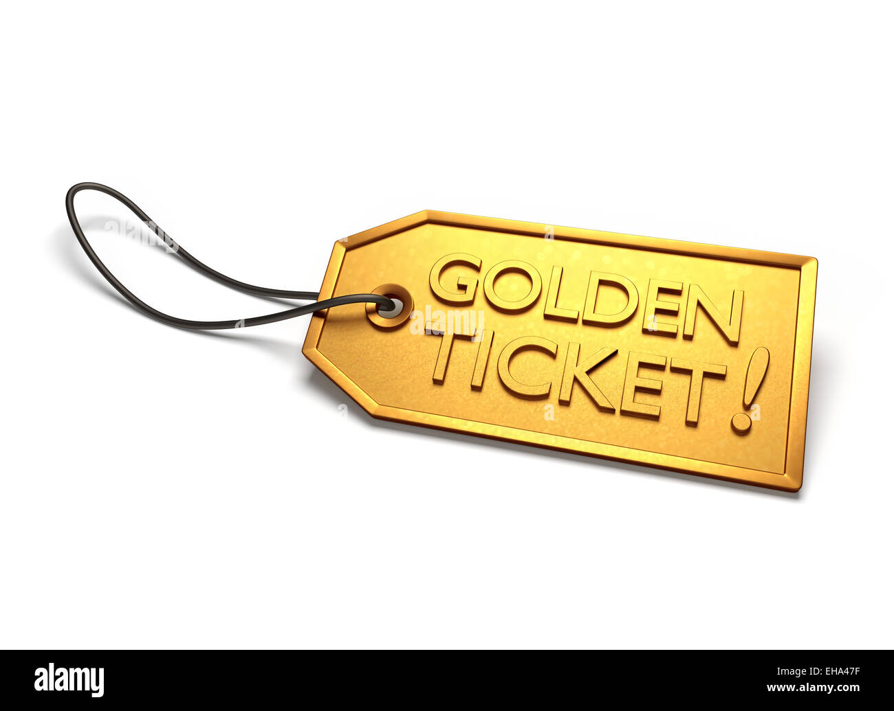 Goldenes Ticket. Gold-Abzeichen mit einer Schnur befestigt, isoliert auf weiss Stockfoto