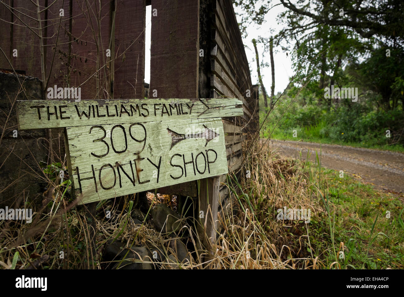 Melden Sie sich außerhalb der 309 Williams Familie Honig Shop, Coromandel, Neuseeland. Stockfoto