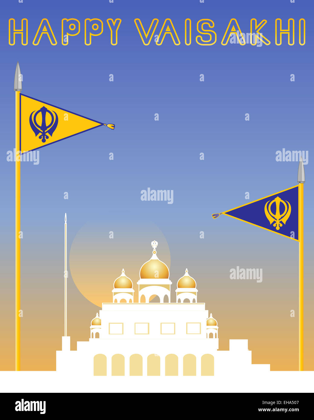 ein Beispiel für ein Sikh Grusskarte mit Gurdwara und Sikh Fahnen mit militärische Embleme auf Sonnenuntergang Hintergrund Stockfoto