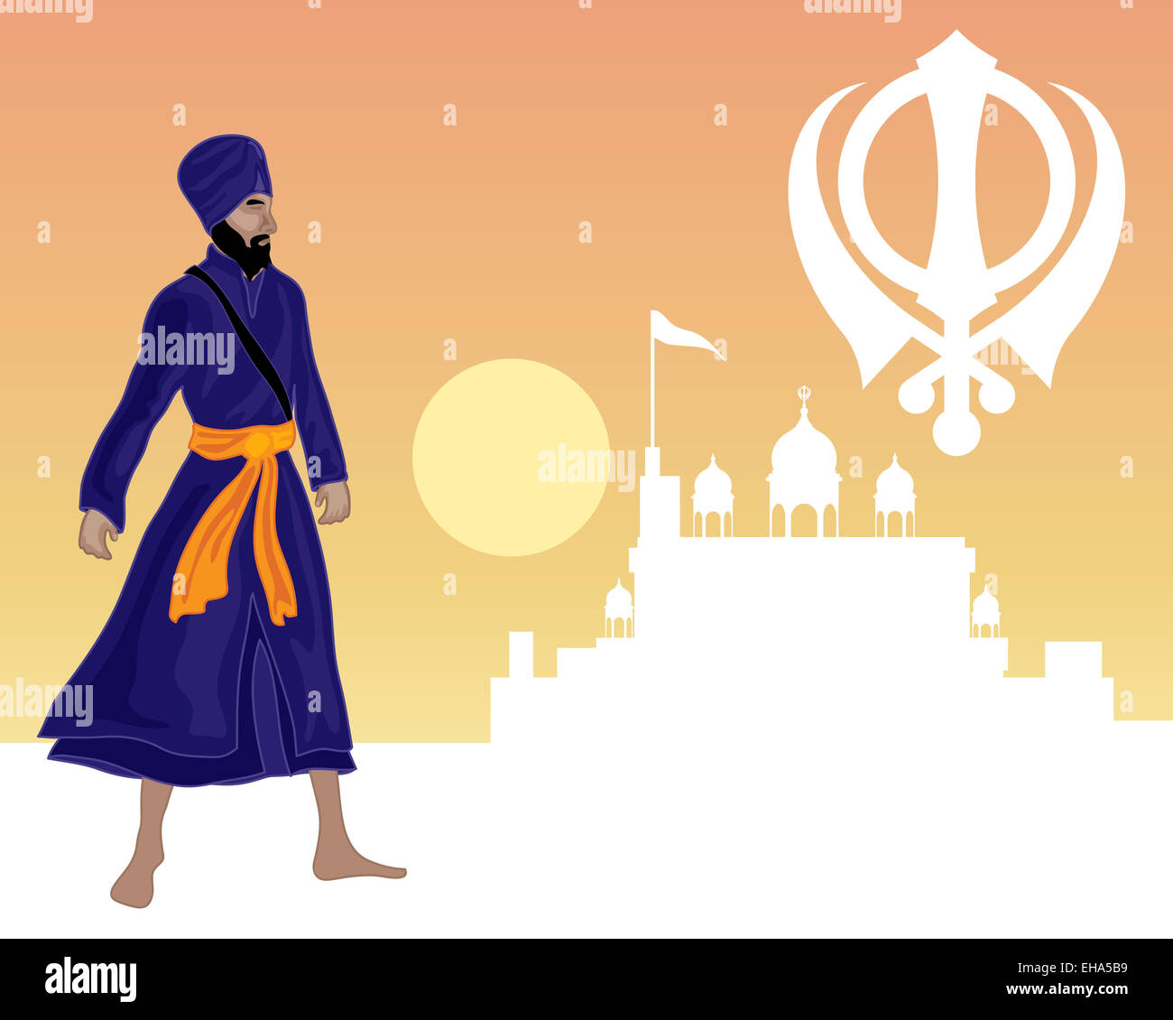 ein Beispiel für ein Sikh Grußkarte mit einem weißen Gurdwara militärische Emblem und Khalsa Krieger auf einem Sonnenuntergang Hintergrund Stockfoto