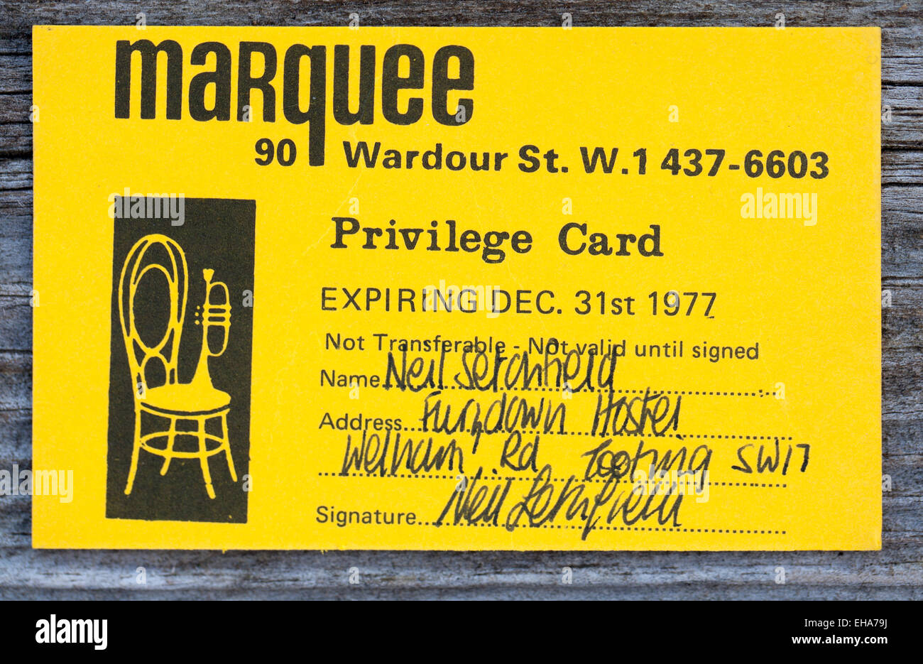 Privileg-Mitgliedskarte im Marquee Club in der Wardour Street London 1977 Stockfoto
