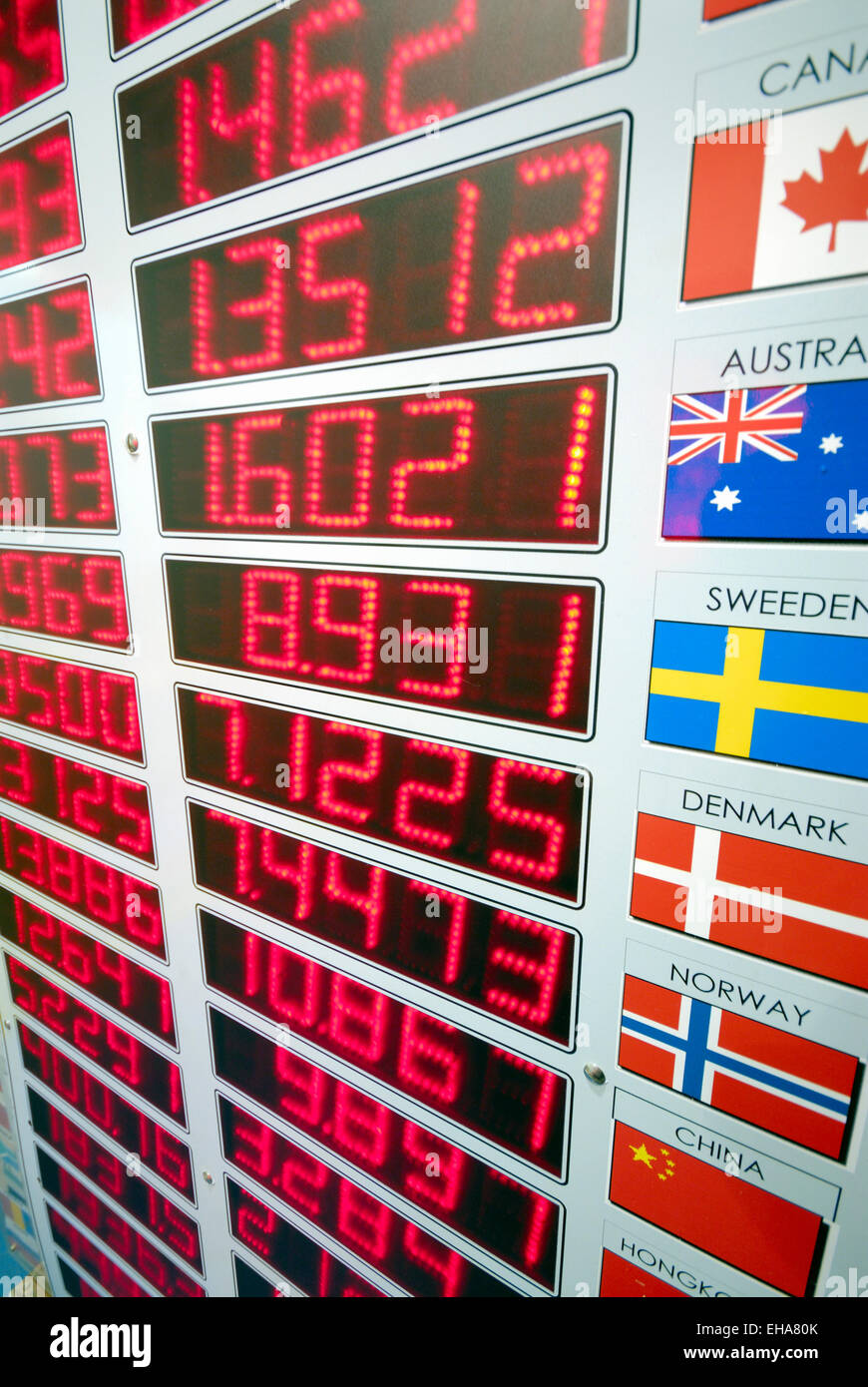 Display zeigt Wechselkursen in einer Wechselstube Geld Stockfoto