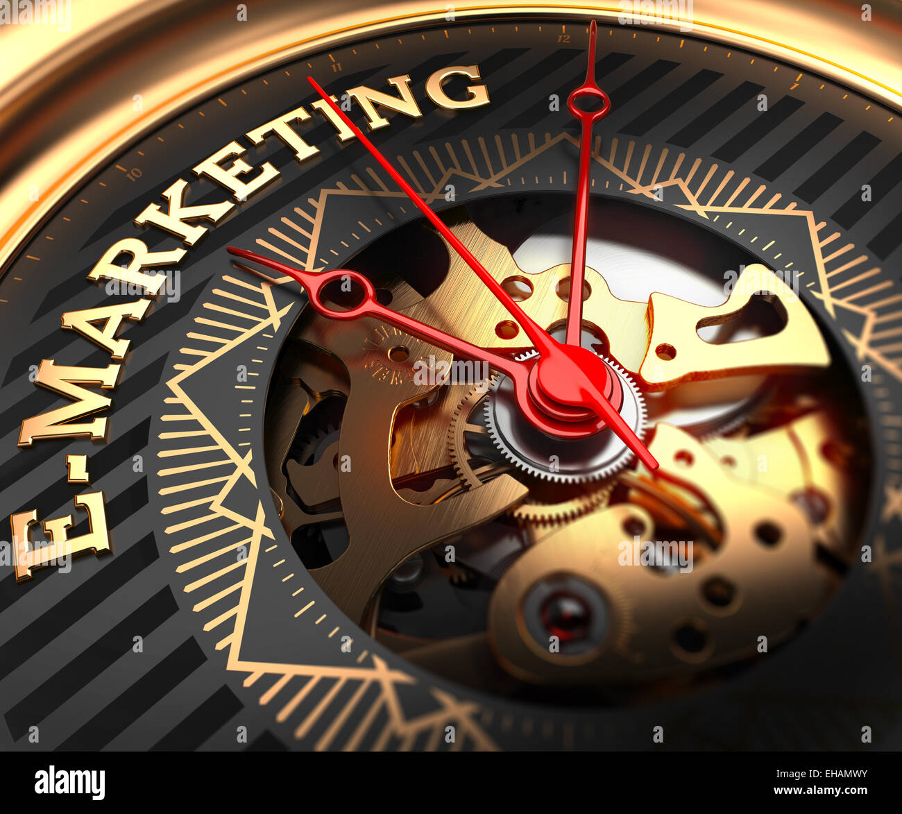 E-Marketing auf schwarz-goldenen Zifferblatt mit Detailansicht Uhrwerk. Stockfoto