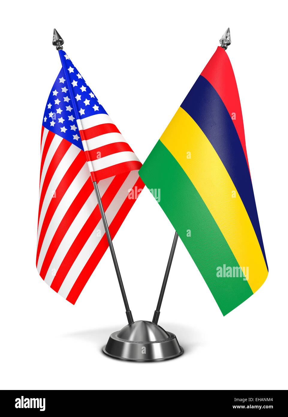 USA und Mauritius - Miniatur-Flags, Isolated on White Background. Stockfoto