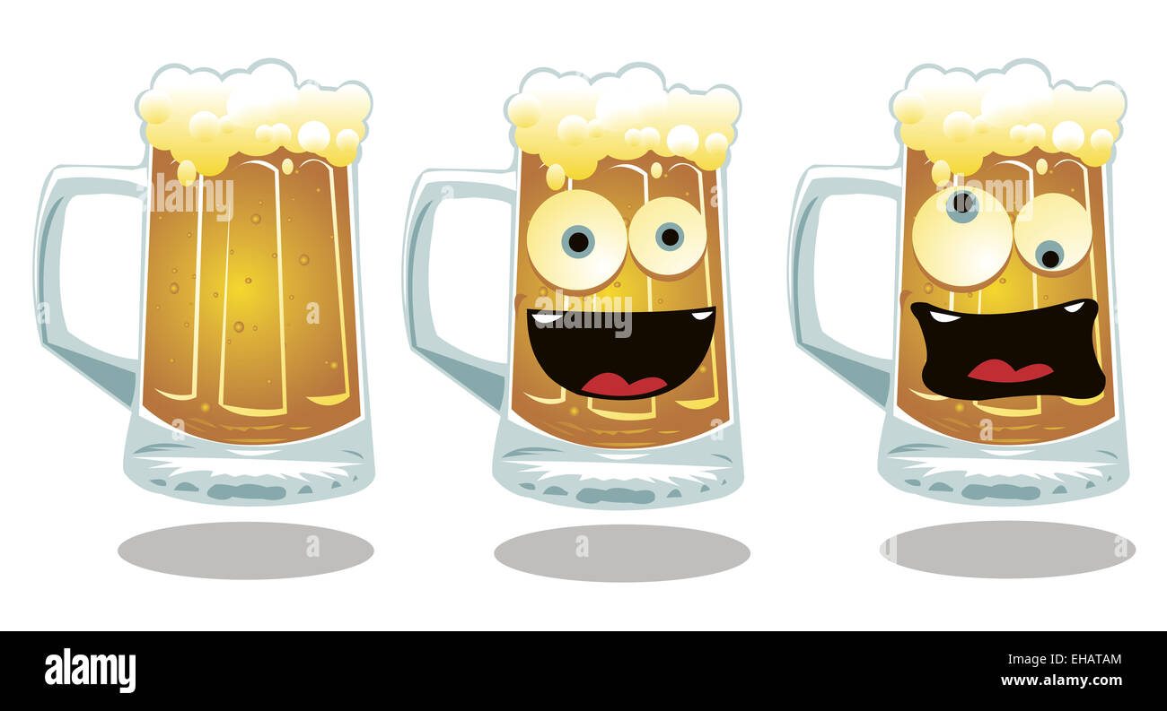 ein Vektor cartoon für 3 verschiedene Arten von einem Glas Bier: ein ernstes, ein Lächeln auf den Lippen und einen betrunken Stockfoto