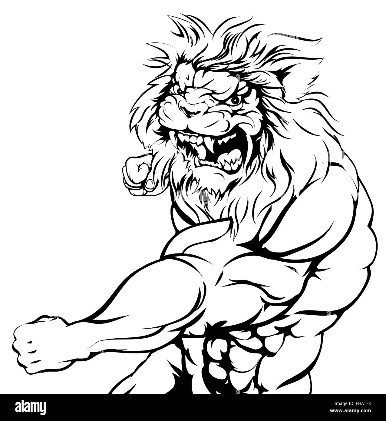 Eine Abbildung eines Mittelwerts suchen Löwe Tier Sport Maskottchen Stanzen Stockfoto