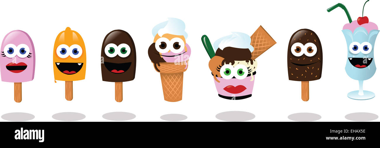 ein Vektor-Cartoon aus 6 verschiedenen Arten von Eis und ein Milch-Shake - jedes Objekt einzeln gruppiert Stockfoto