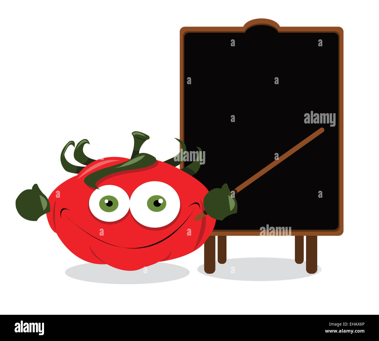 eine lustige Tomate zeigt eine leere Tafel Stockfoto