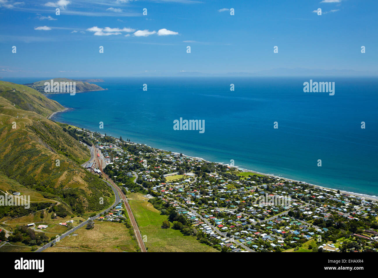 Paekakariki, Kapiti Küste, nördlich von Wellington, Nordinsel, Neuseeland - Antenne Stockfoto