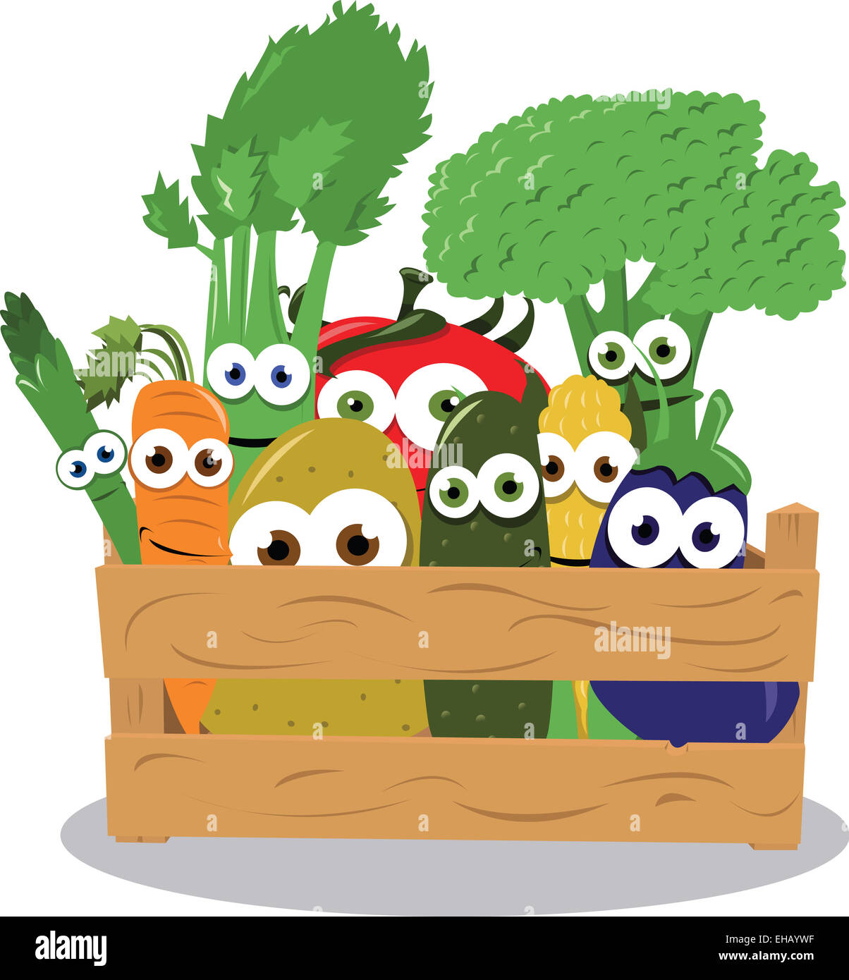 ein Vektor-Cartoon vertreten einige lustige Gemüse in einer Holzkiste Stockfoto