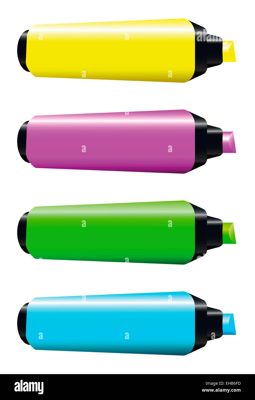 Textmarker - vier leere fluoreszierenden Marker, die mit Ihrem Firmenlogo oder Text beschriftet werden können. Grün, Pink, blau und gelb. Stockfoto