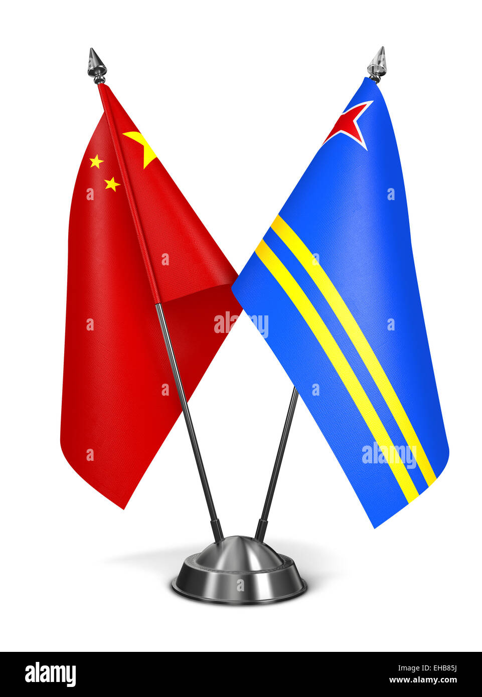 China und Aruba - Miniatur-Flags, Isolated on White Background. Stockfoto