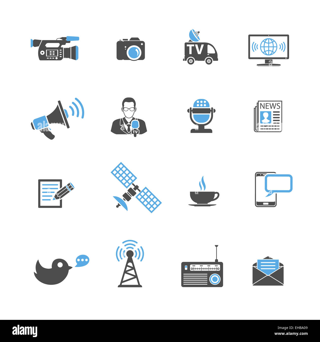 Medien und News Icons Set mit Journalismus, Fernsehen, Zeitung und SMS in zwei Farben. isoliert auf weiss. Stockfoto