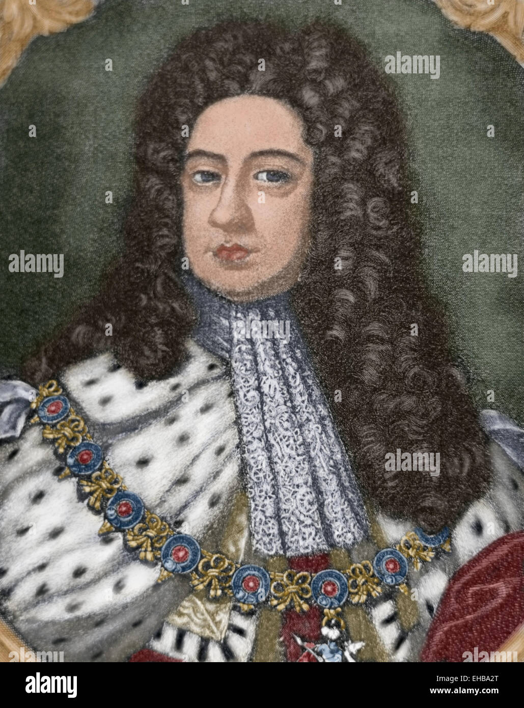 George II (1683-1760). König von Großbritannien und Irland. Kurfürsten des Heiligen Römischen Reiches. Porträt. Gravur. Farbige. Stockfoto