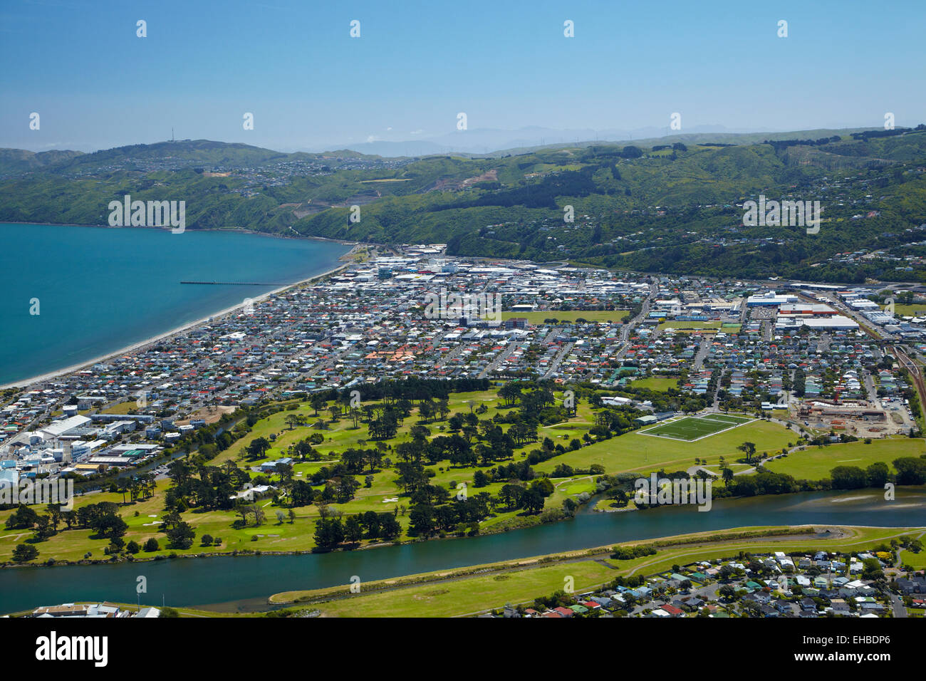 Hutt River and Petone, Wellington, Nordinsel, Neuseeland - Antenne Stockfoto