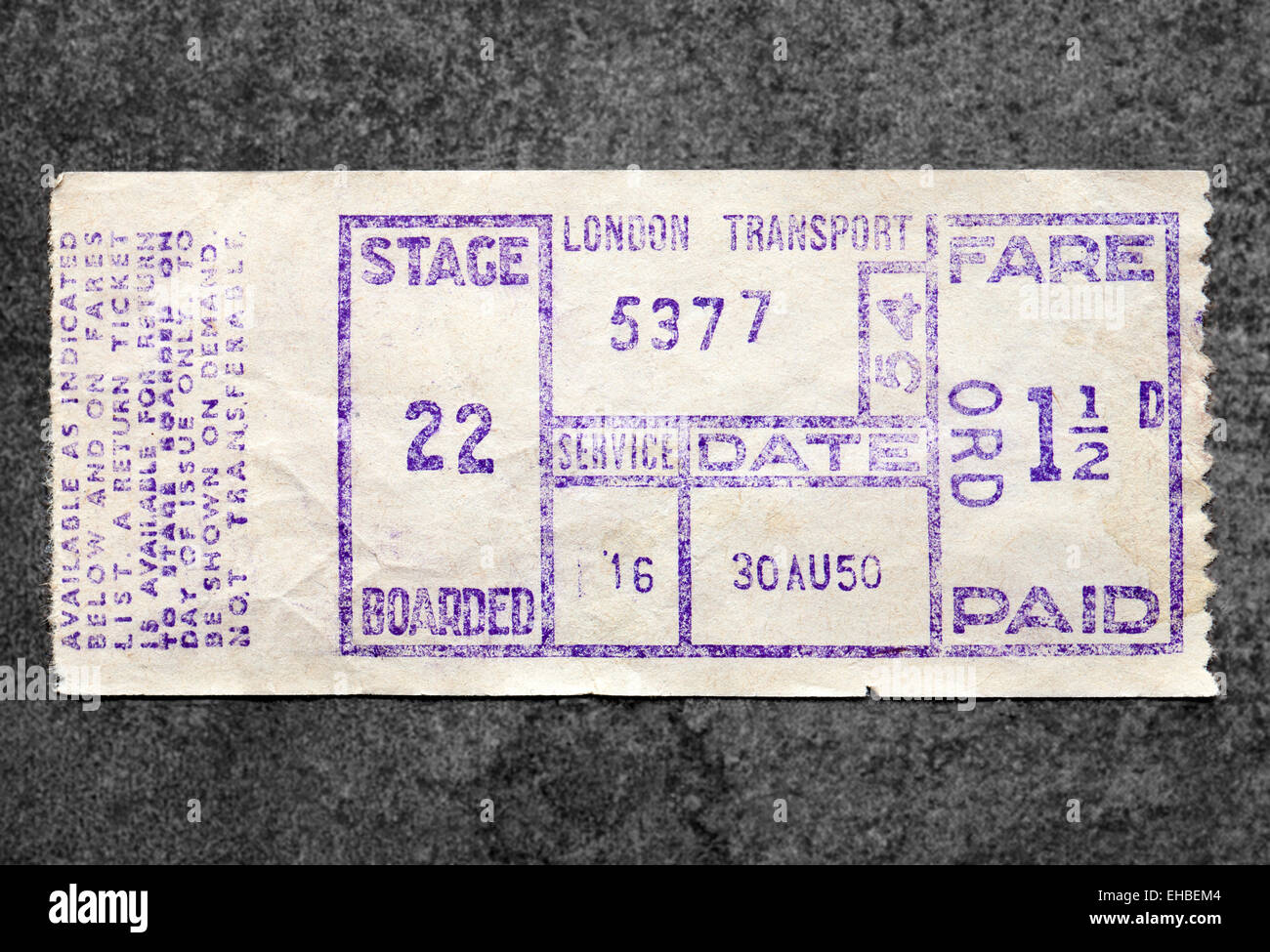 Alte 50er Jahre London Busticket Stockfoto