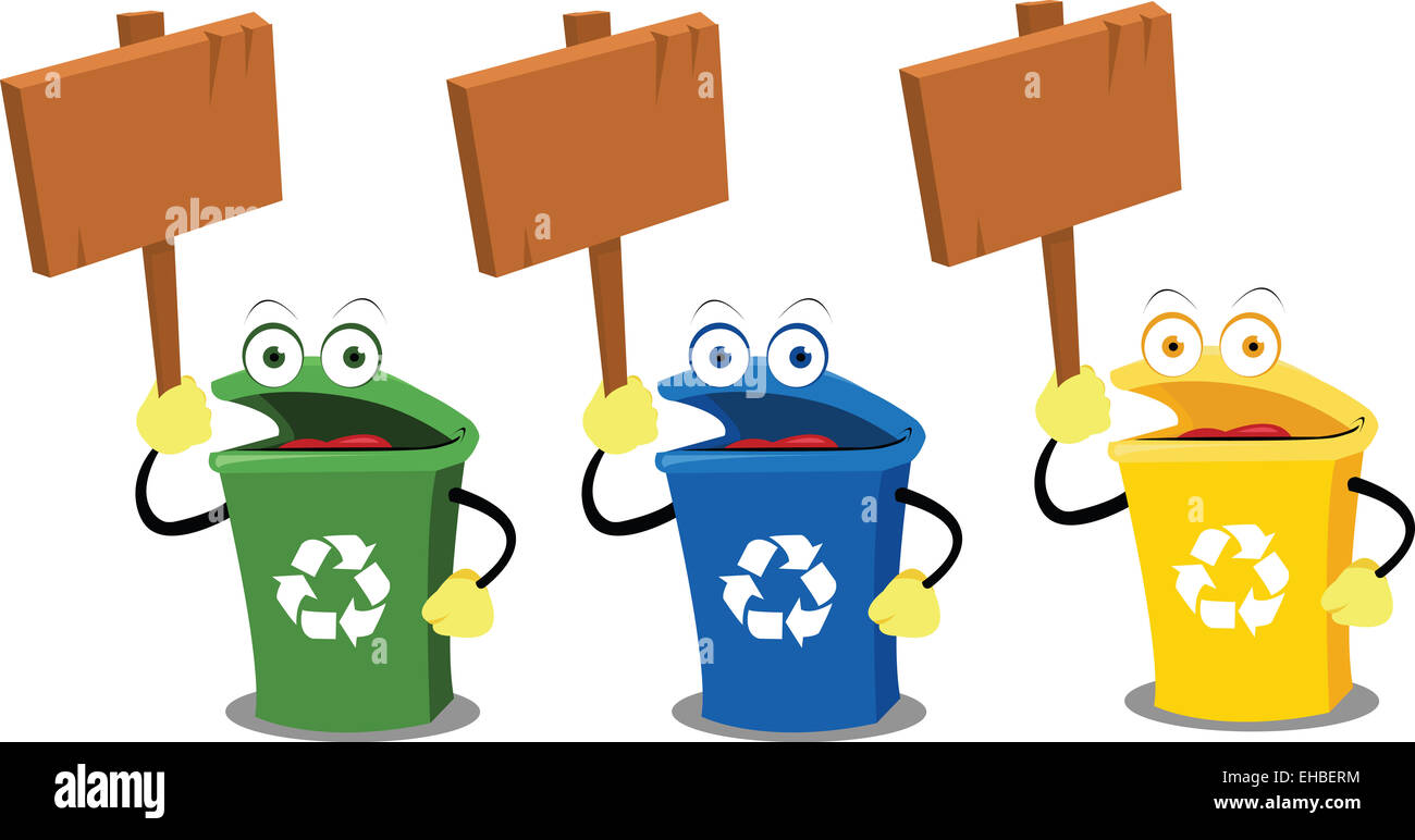 drei lustige recycling-Behälter halten einige Holzschilder Stockfoto