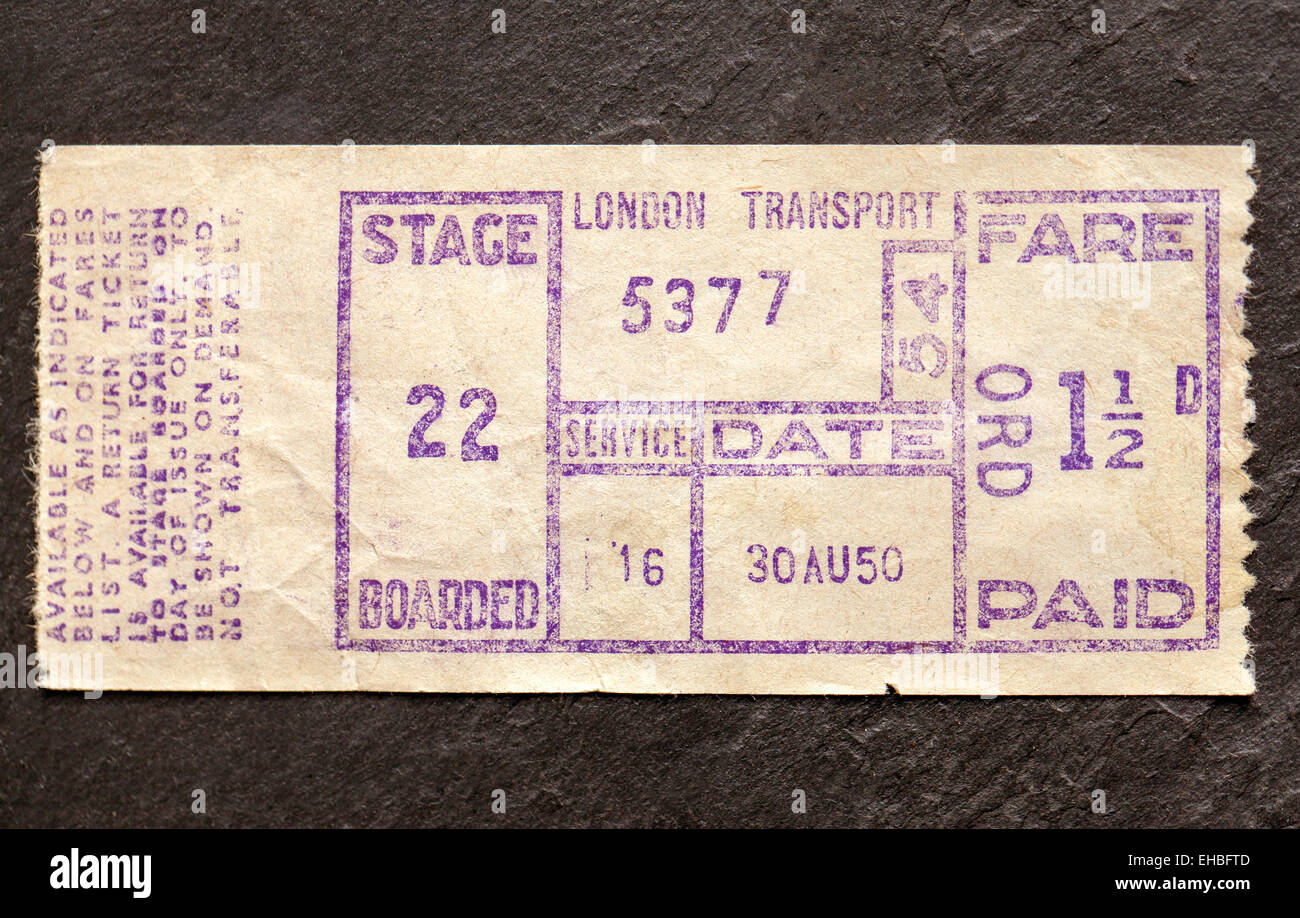 Alte 50er Jahre London Busticket Stockfoto