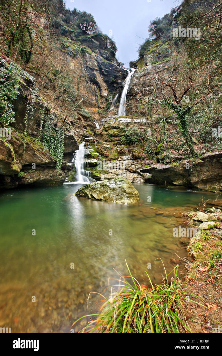 Das Calypso Wasserfälle, Kissavos ("Ossa") Berg, Larissa, Thessalien, Griechenland. Stockfoto