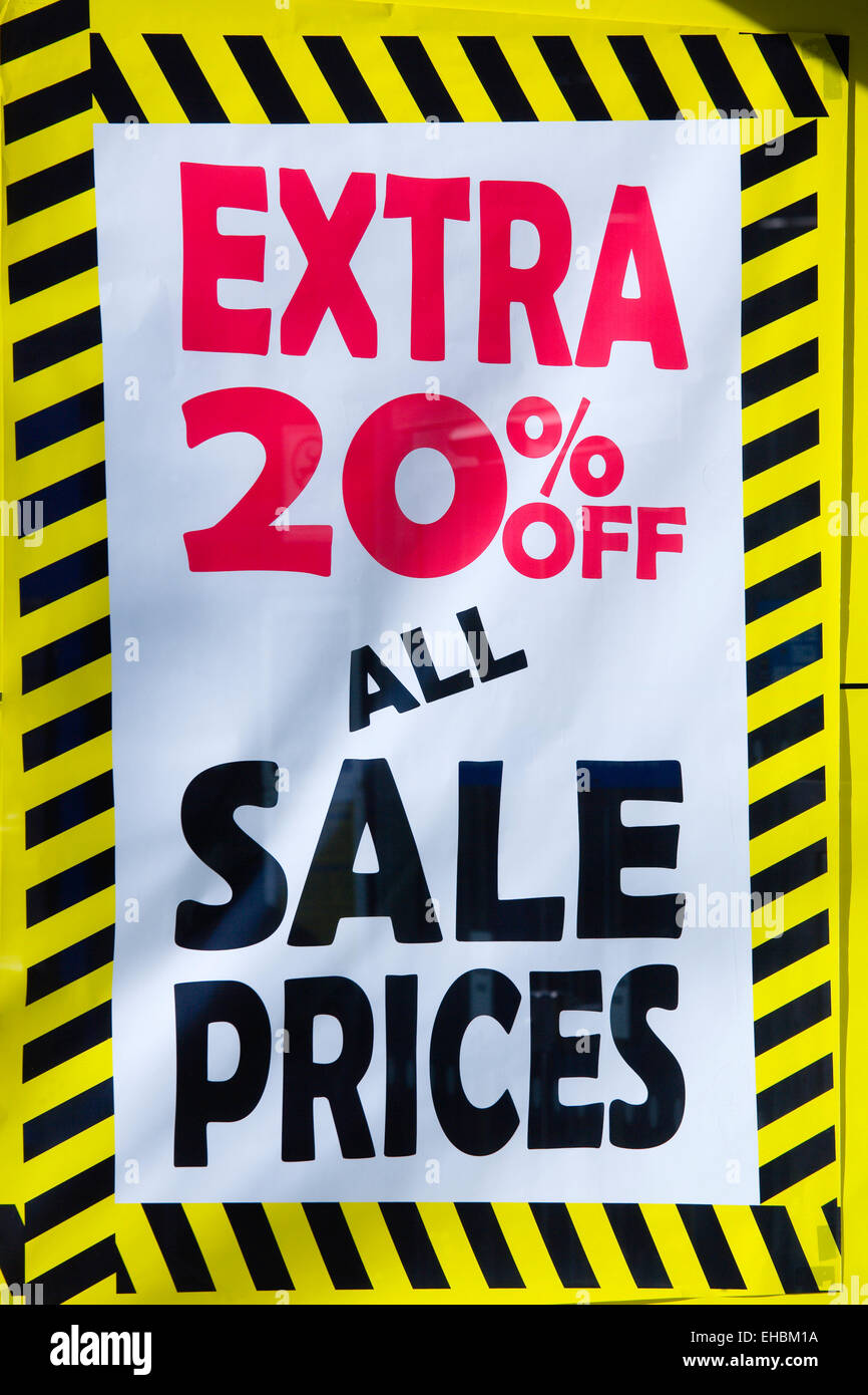 Geschäft, Geschäfte, Shopping, Extra 20 % Off Sale Preise im Fenster ein Ladengeschäft melden. Stockfoto