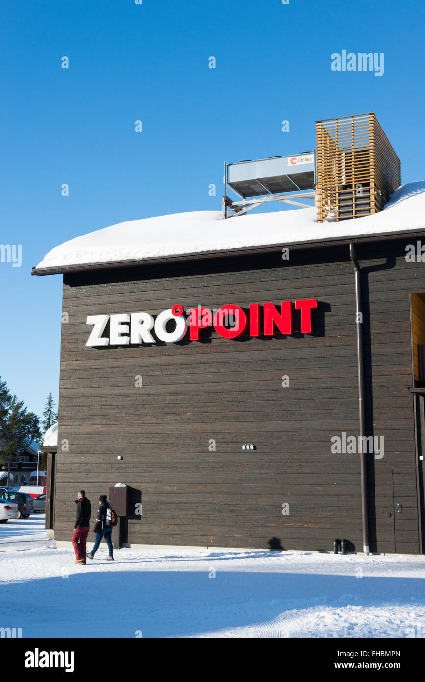 Zeropoint Skilift Bahnhofsgebäude am Skigebiet Levi Lapland Finnland im winter Stockfoto