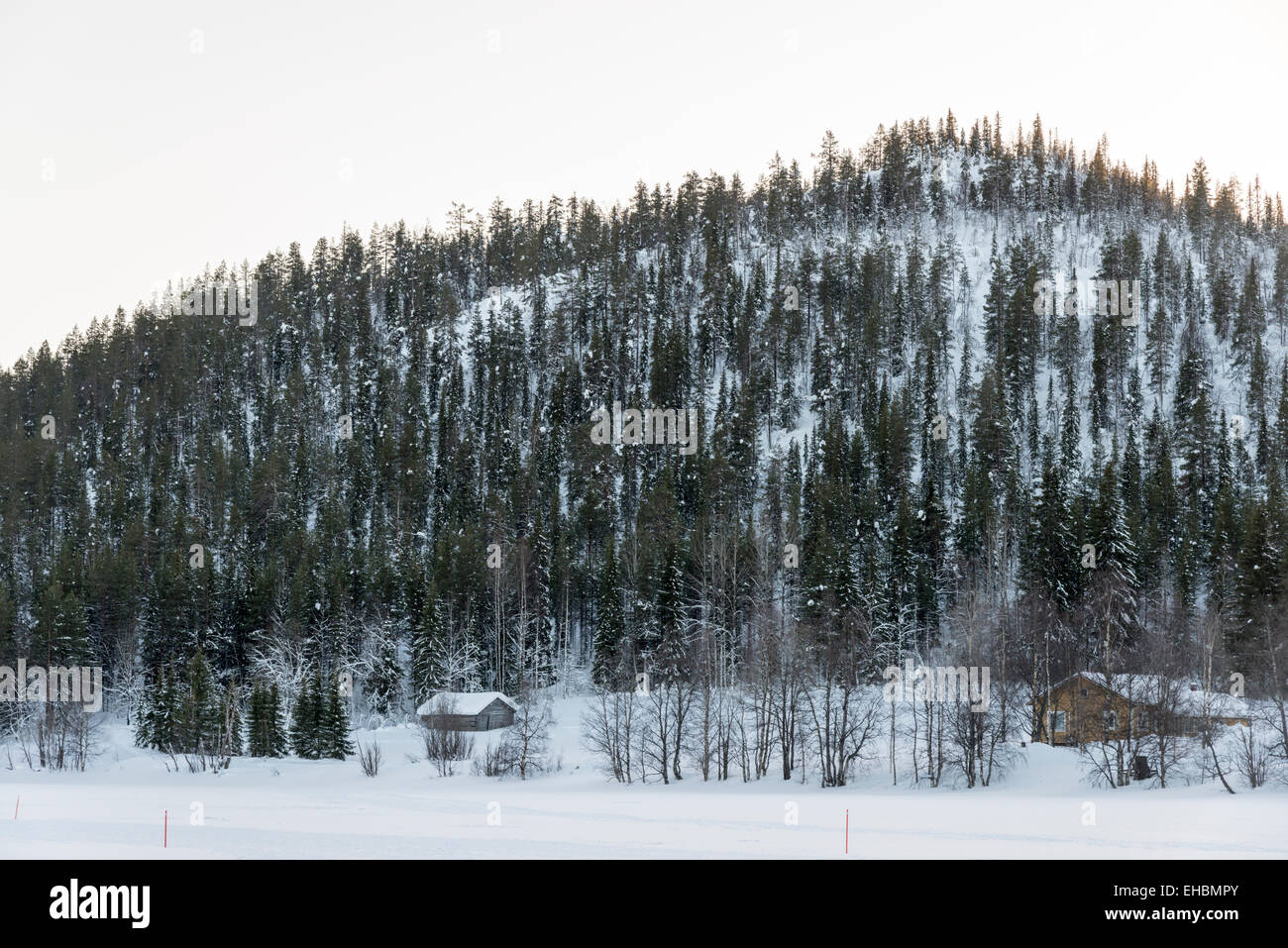 Ein Blockhaus oder Scheune in der Wildnis und Wald in Levi Lapland Finnland im Schnee im winter Stockfoto