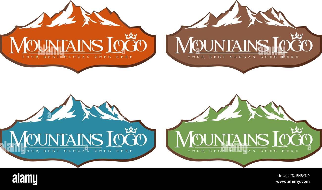 Berg Design kreative Vektor Icon mit schneebedeckten Gipfeln. Stockfoto