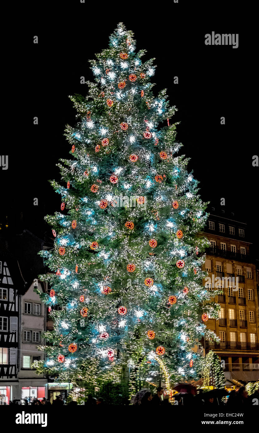 Beleuchtete riesigen Weihnachtsbaum auf Place Kleber Platz in der Weihnachtszeit Strasbourg Elsass Frankreich Europa Stockfoto