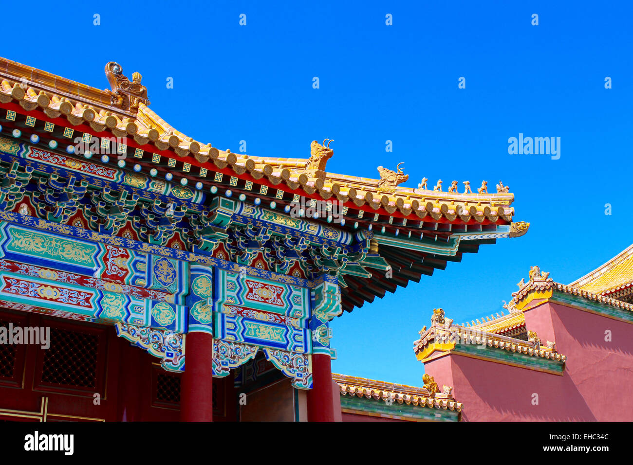 Foto von einem alten chinesischen Dachkonstruktion gefunden in der verbotenen Stadt. Stockfoto