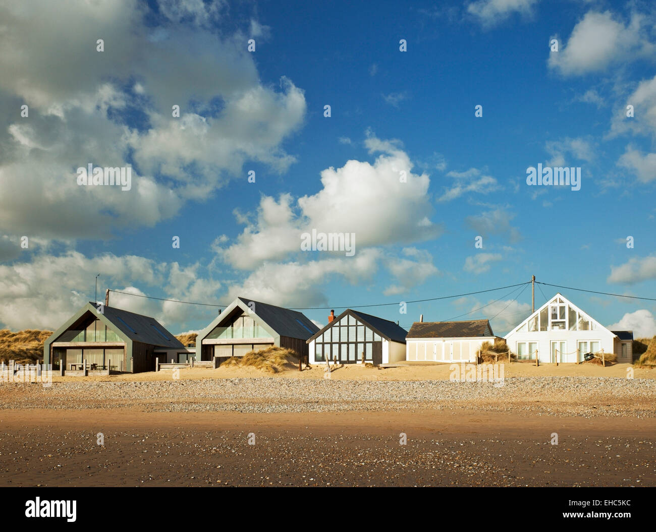 Am Strand Häuser, Camber Sands. Stockfoto