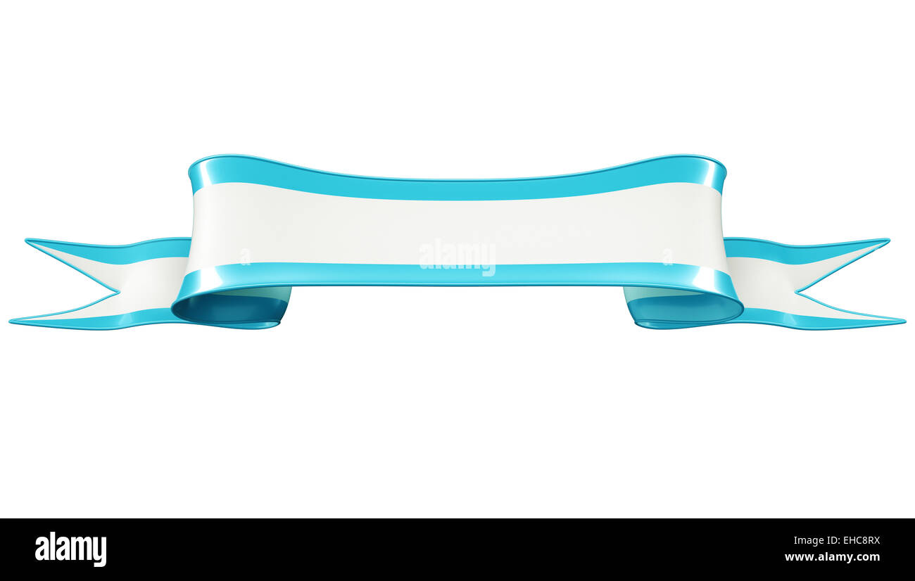 Weißes Band mit blauer Einfassung nützlich als Abzeichen oder Wappen. Auf weißem Hintergrund Stockfoto