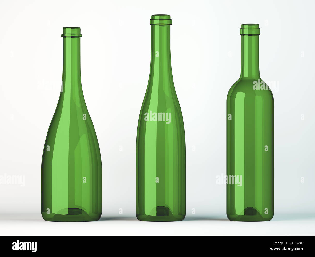 Drei leere entkorkt Flaschen Wein auf weiß Stockfoto