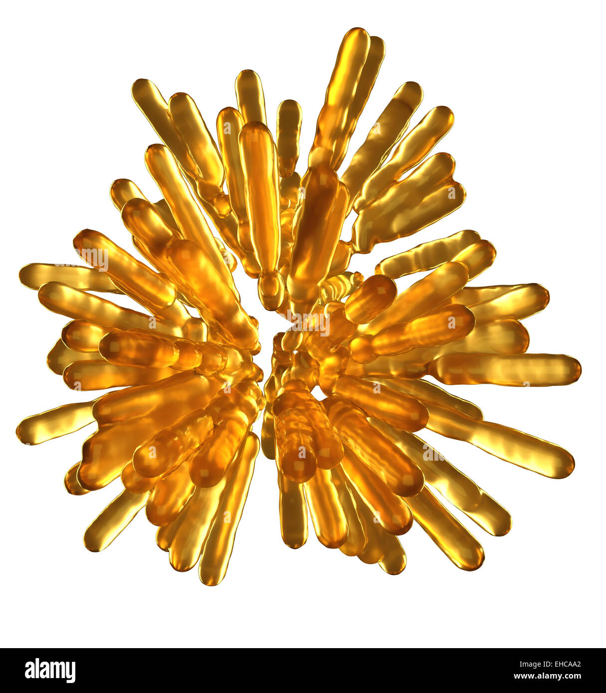 Abstrakte goldene gefrorene Flüssigkeit Spalten in Kugelform isoliert auf weiss Stockfoto