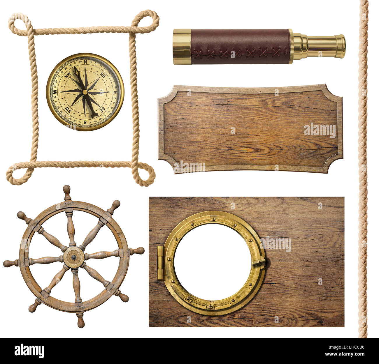 nautische Gegenstände Seil, Kompass, Lenkrad, Schild, Bullauge, isoliert Stockfoto