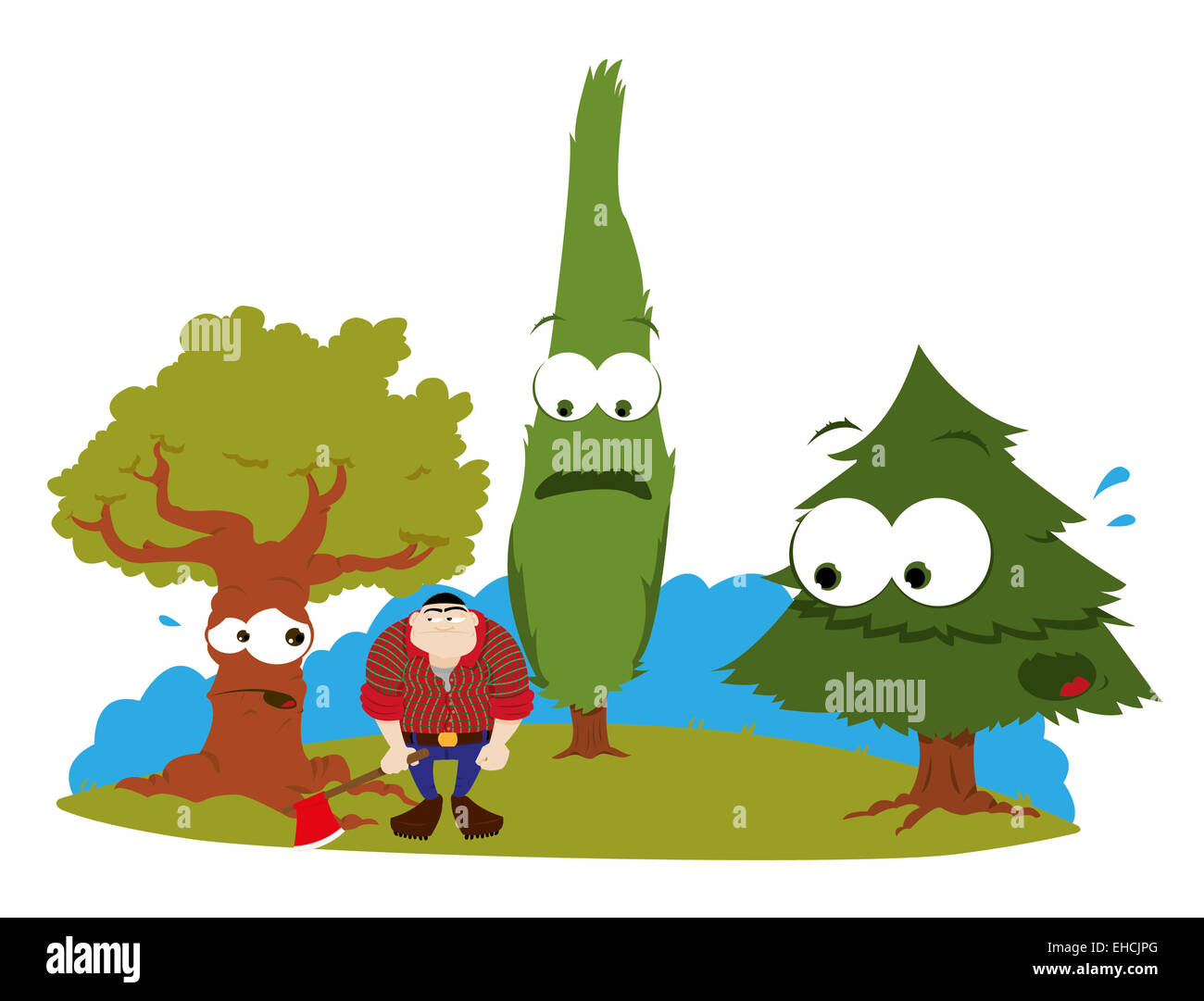 ein Vektor-Cartoon aus drei lustige Bäume und ein logger Stockfoto