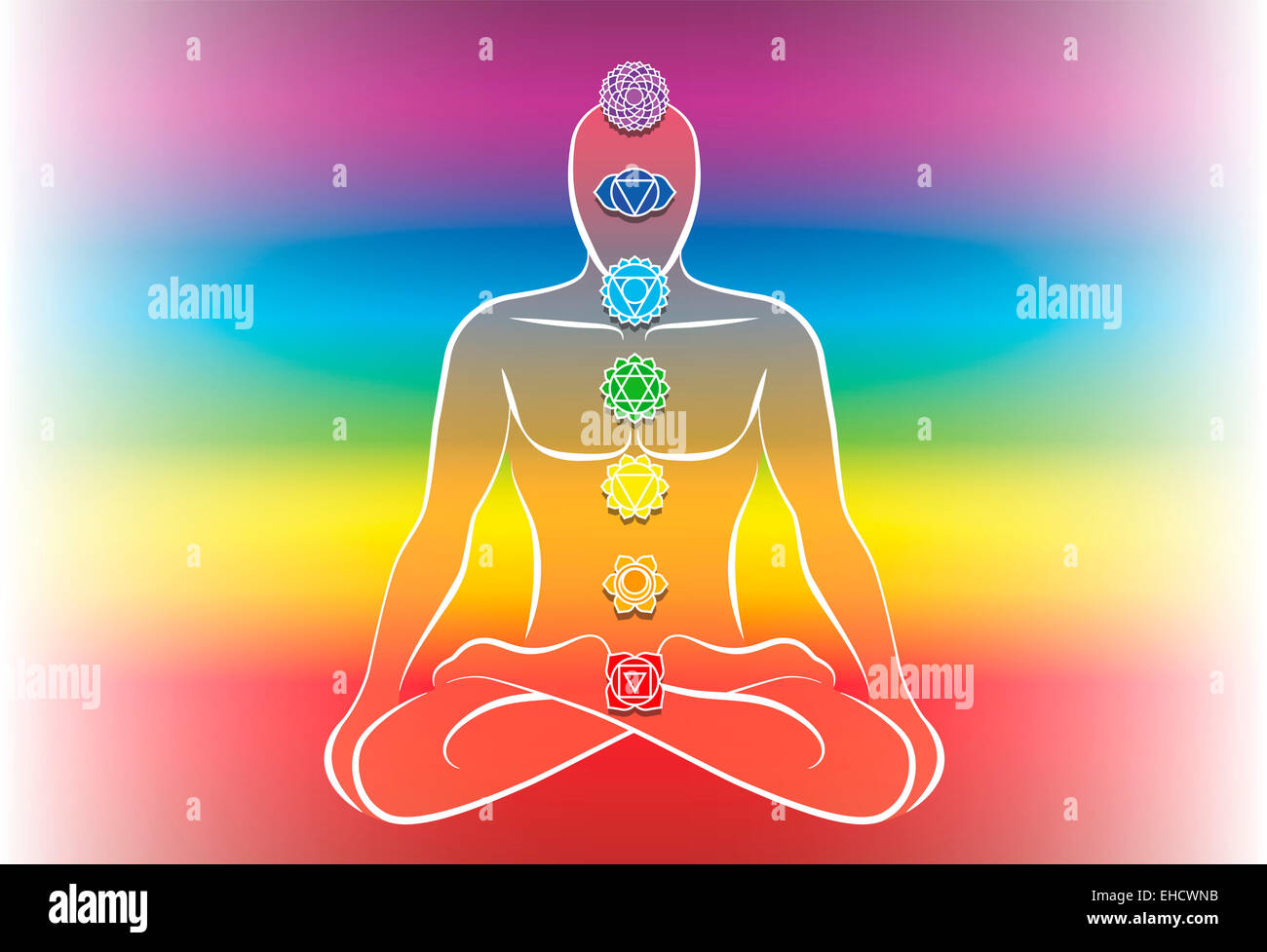 Chakren entlang einer Meditation mans Körper über Regenbogen Farbverlauf Hintergrund. Stockfoto