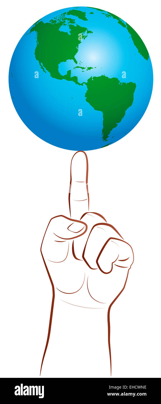 Planetenerde auf einem riesigen Fingerspitze als Symbol für ein global Player. Stockfoto